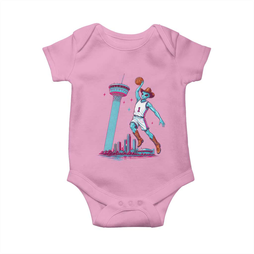 Funny Alien Cowboy Dunking Basketball Baby Onesie San Antonio Skyline