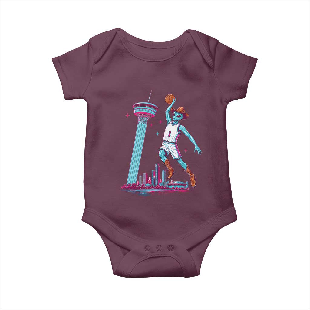 Funny Alien Cowboy Dunking Basketball Baby Onesie San Antonio Skyline