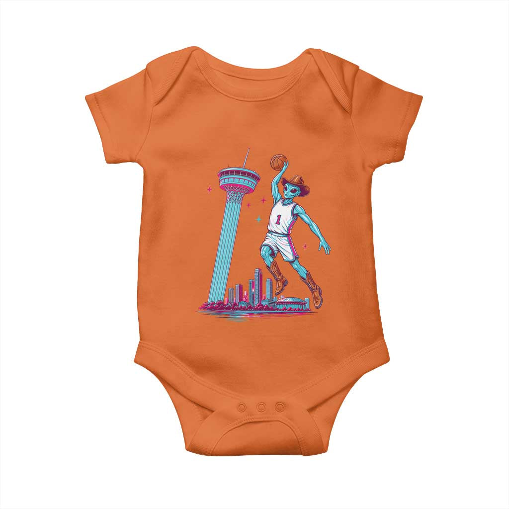 Funny Alien Cowboy Dunking Basketball Baby Onesie San Antonio Skyline