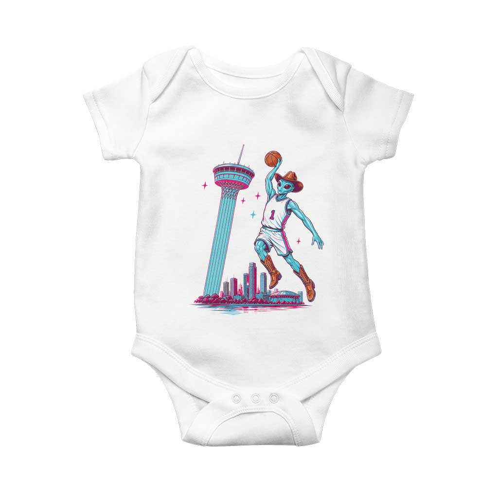 Funny Alien Cowboy Dunking Basketball Baby Onesie San Antonio Skyline