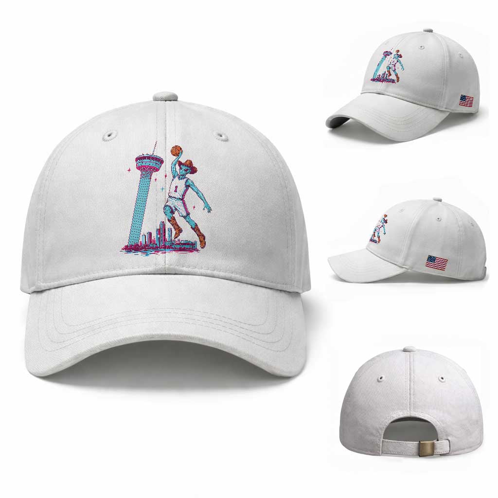 Funny Alien Cowboy Dunking Basketball Baseball Cap San Antonio Skyline