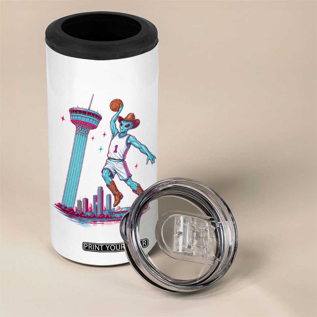 Funny Alien Cowboy Dunking Basketball 4 in 1 Can Cooler Tumbler San Antonio Skyline