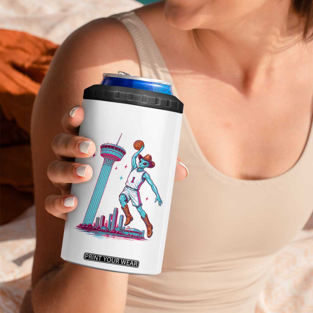 Funny Alien Cowboy Dunking Basketball 4 in 1 Can Cooler Tumbler San Antonio Skyline