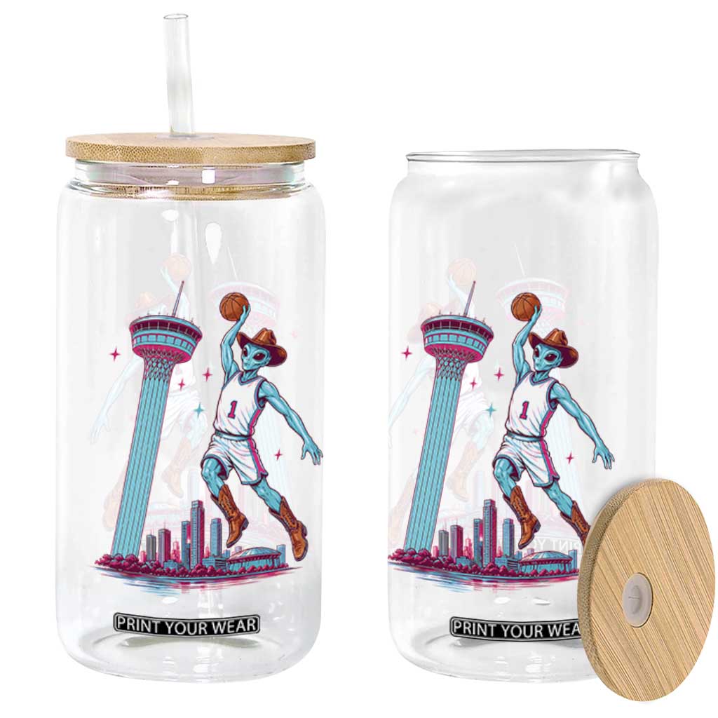 Funny Alien Cowboy Dunking Basketball Glass Can San Antonio Skyline