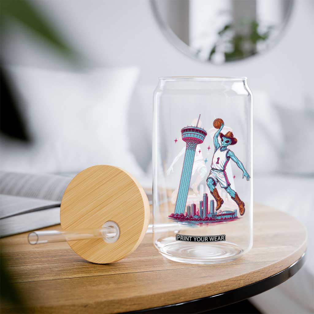 Funny Alien Cowboy Dunking Basketball Glass Can San Antonio Skyline