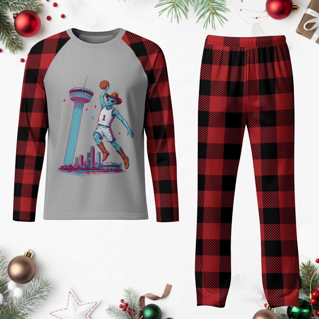 Funny Alien Cowboy Dunking Basketball Plaid Pajama Set San Antonio Skyline TS12 Buffalo Plaid Print Your Wear