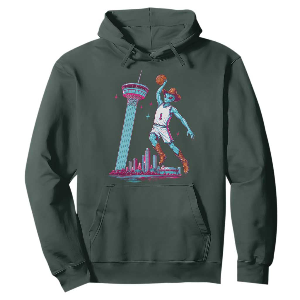 Funny Alien Cowboy Dunking Basketball Hoodie San Antonio Skyline TS12 Dark Forest Green Print Your Wear
