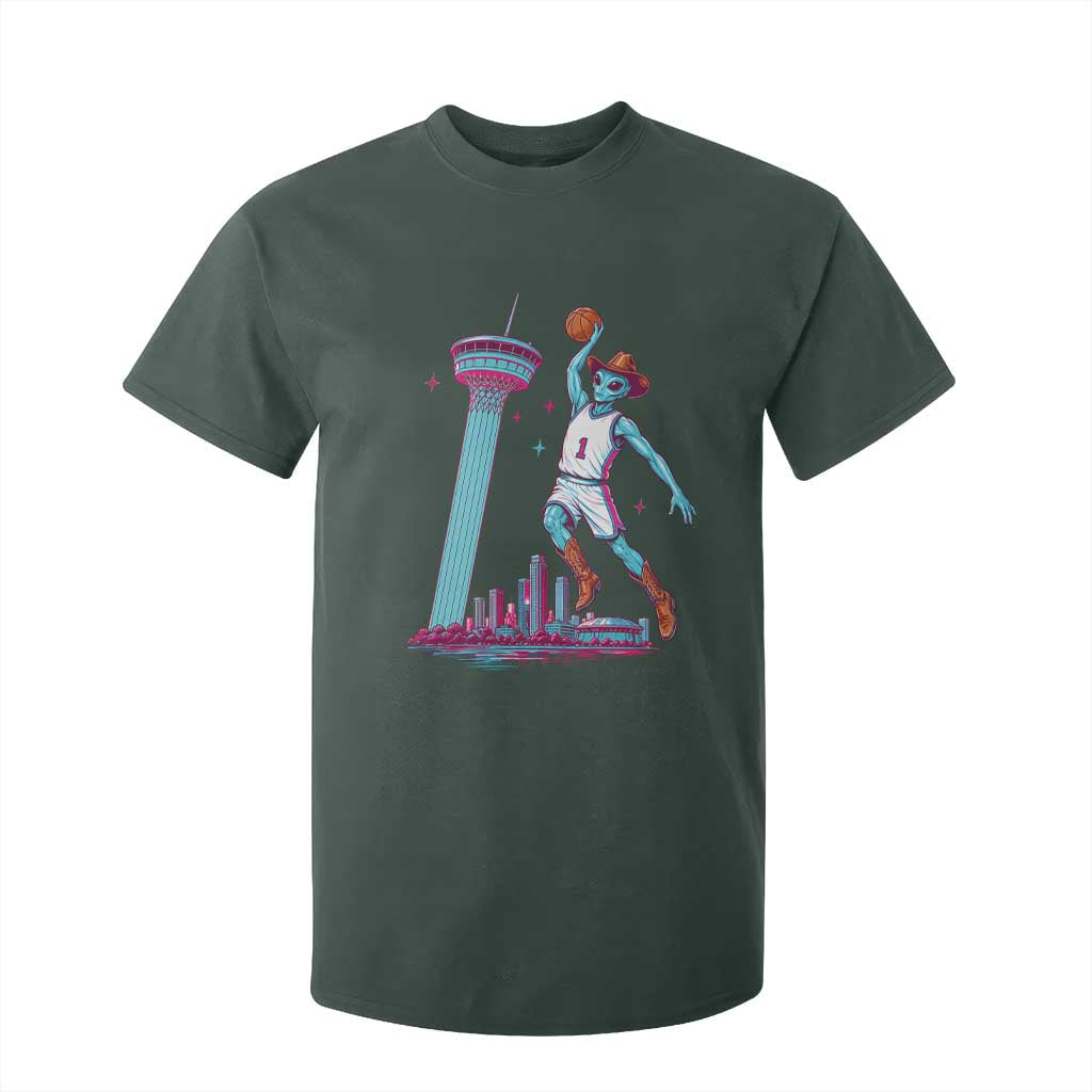 Funny Alien Cowboy Dunking Basketball T Shirt For Kid San Antonio Skyline