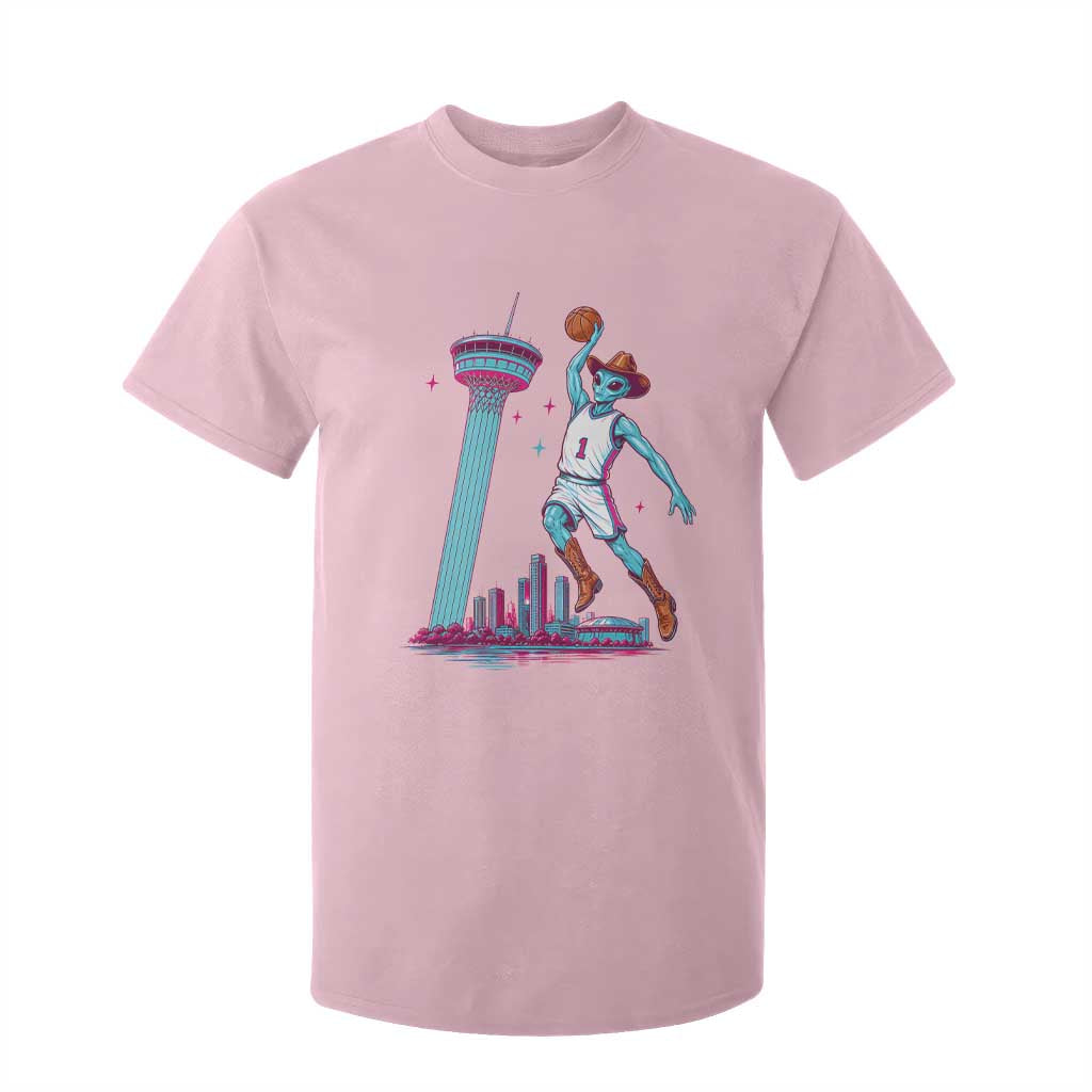Funny Alien Cowboy Dunking Basketball T Shirt For Kid San Antonio Skyline