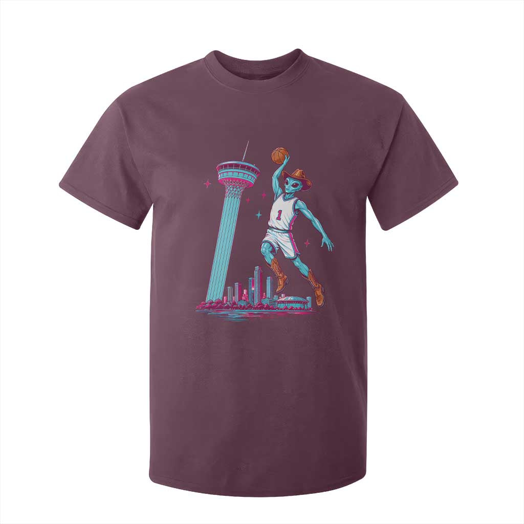 Funny Alien Cowboy Dunking Basketball T Shirt For Kid San Antonio Skyline