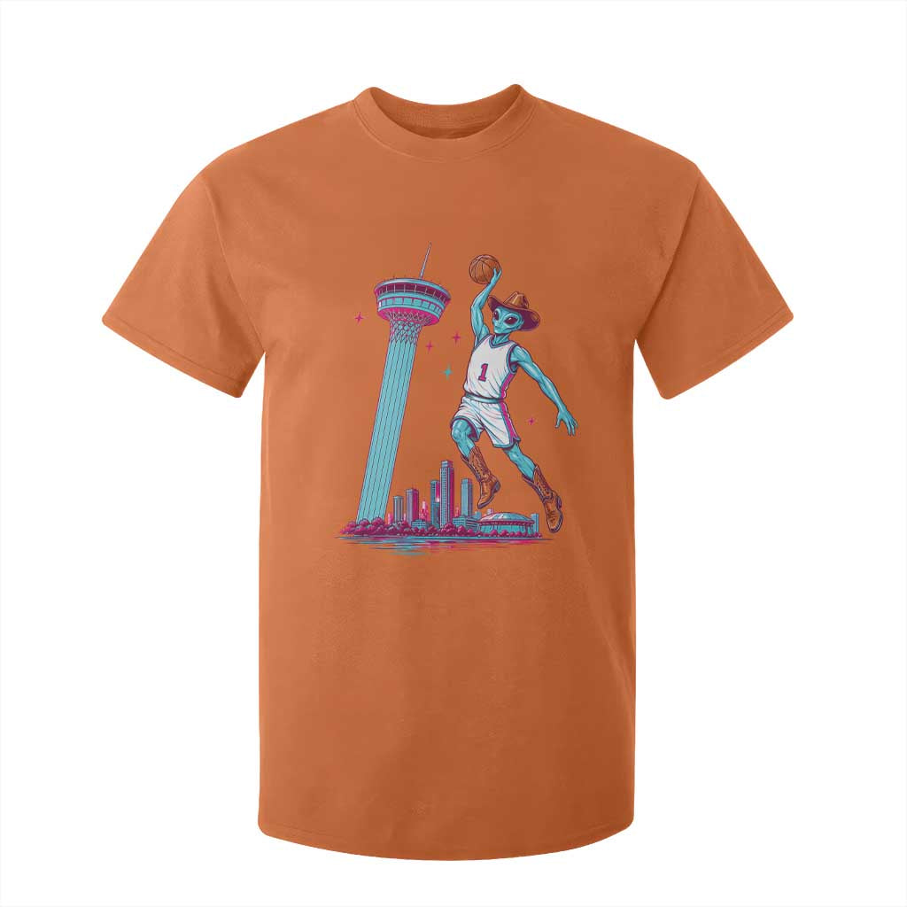 Funny Alien Cowboy Dunking Basketball T Shirt For Kid San Antonio Skyline