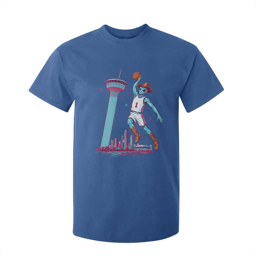 Funny Alien Cowboy Dunking Basketball T Shirt For Kid San Antonio Skyline
