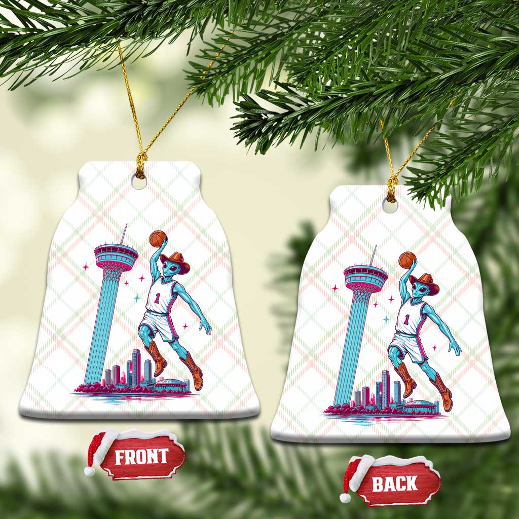 Funny Alien Cowboy Dunking Basketball Ceramic Ornament San Antonio Skyline