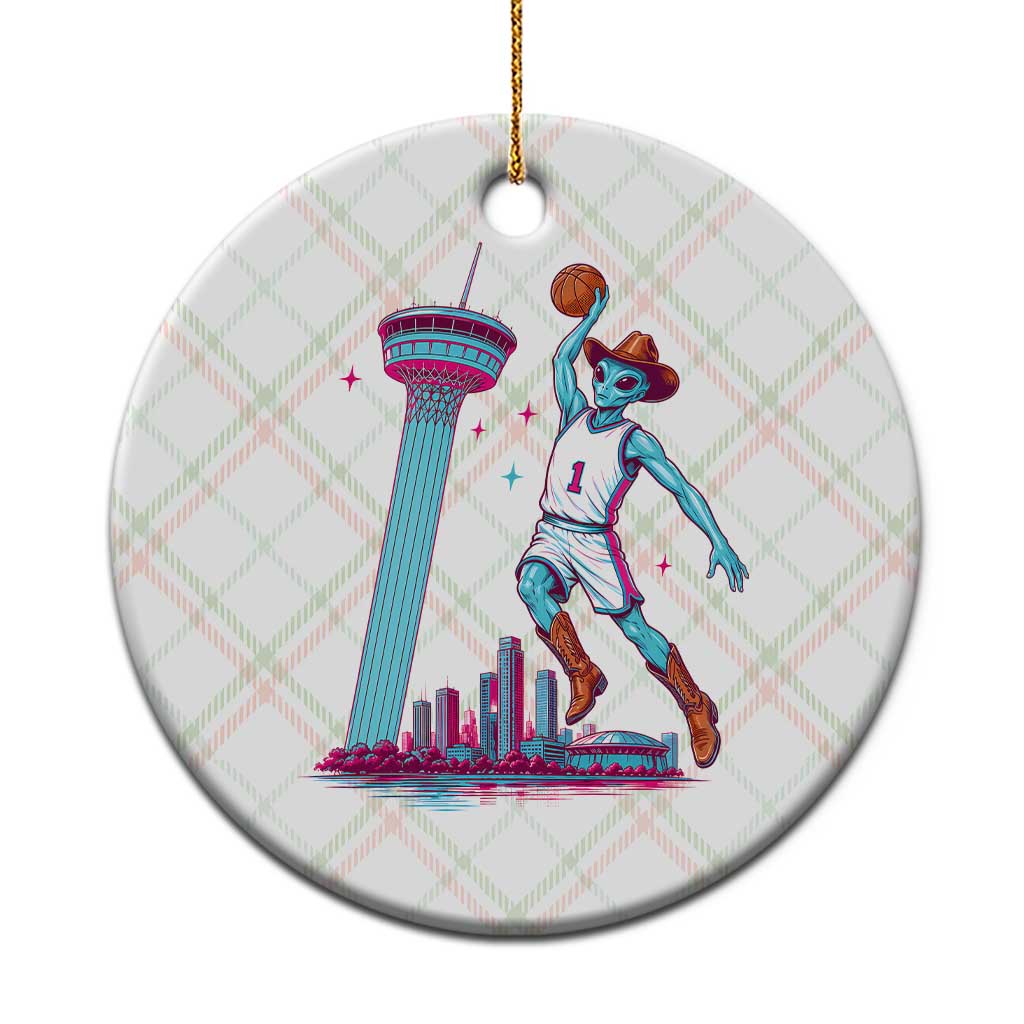 Funny Alien Cowboy Dunking Basketball Ceramic Ornament San Antonio Skyline