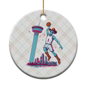 Funny Alien Cowboy Dunking Basketball Ceramic Ornament San Antonio Skyline