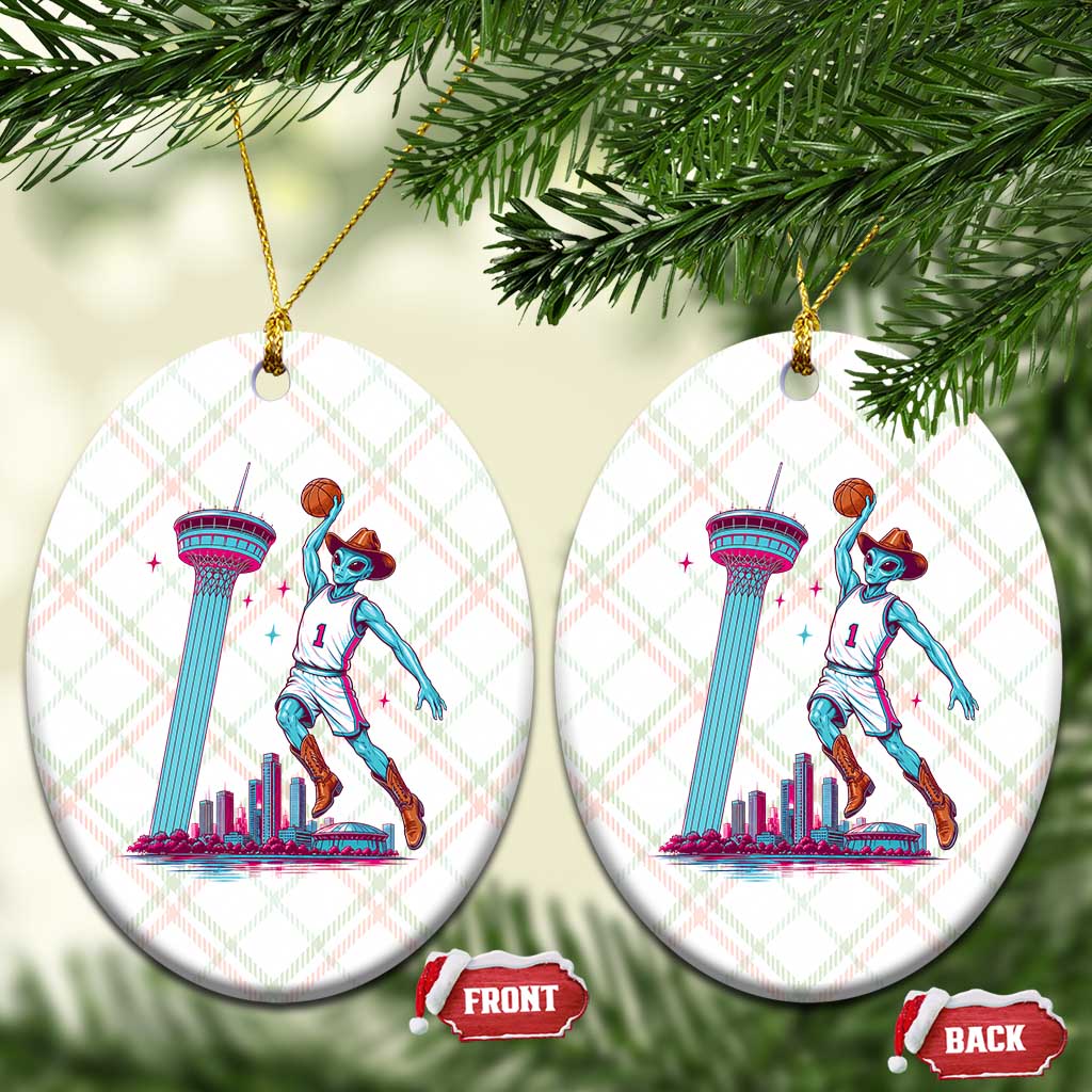 Funny Alien Cowboy Dunking Basketball Ceramic Ornament San Antonio Skyline