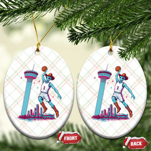Funny Alien Cowboy Dunking Basketball Ceramic Ornament San Antonio Skyline