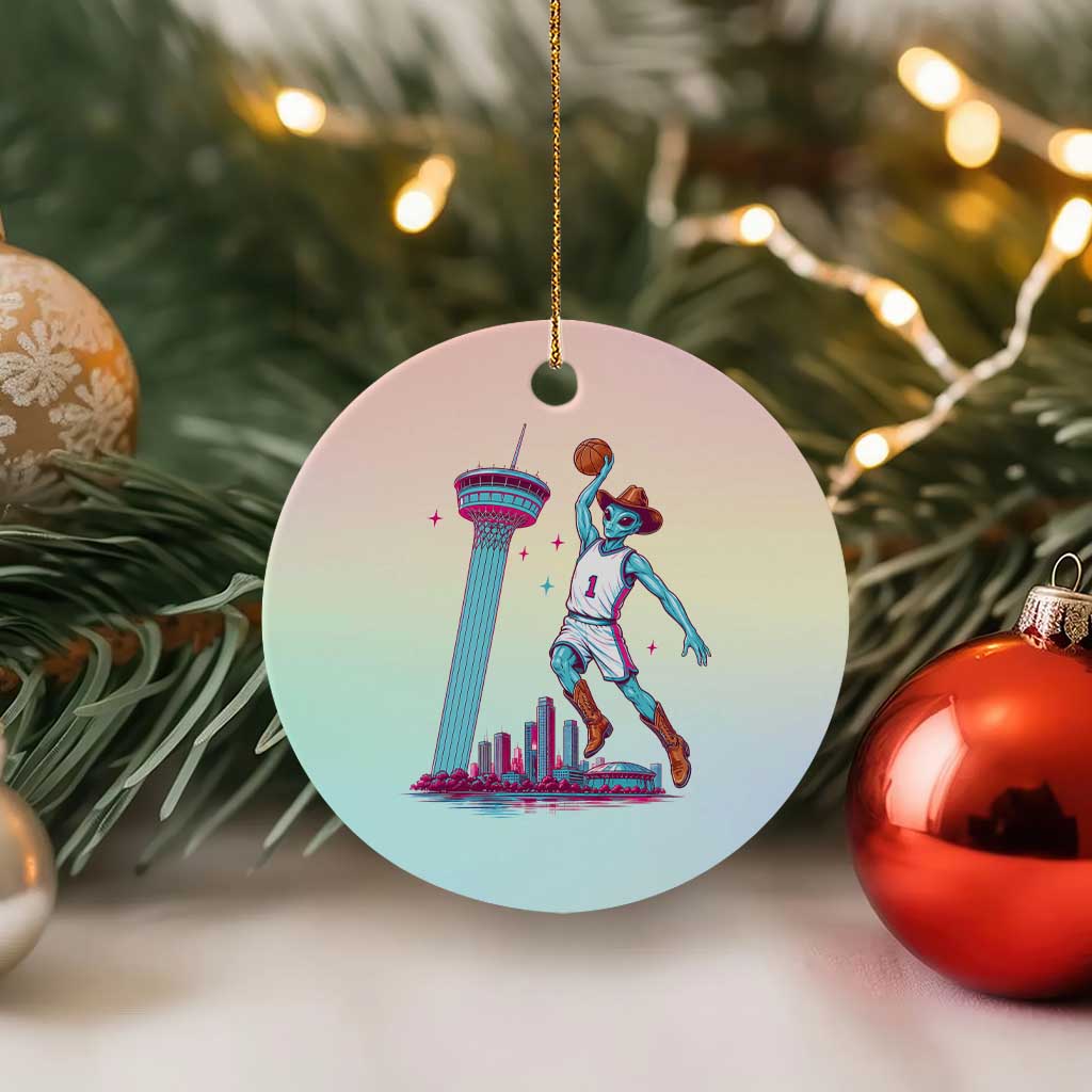 Funny Alien Cowboy Dunking Basketball Ceramic Ornament San Antonio Skyline