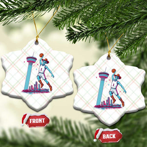 Funny Alien Cowboy Dunking Basketball Ceramic Ornament San Antonio Skyline