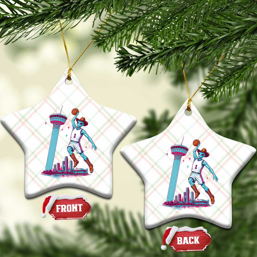 Funny Alien Cowboy Dunking Basketball Ceramic Ornament San Antonio Skyline