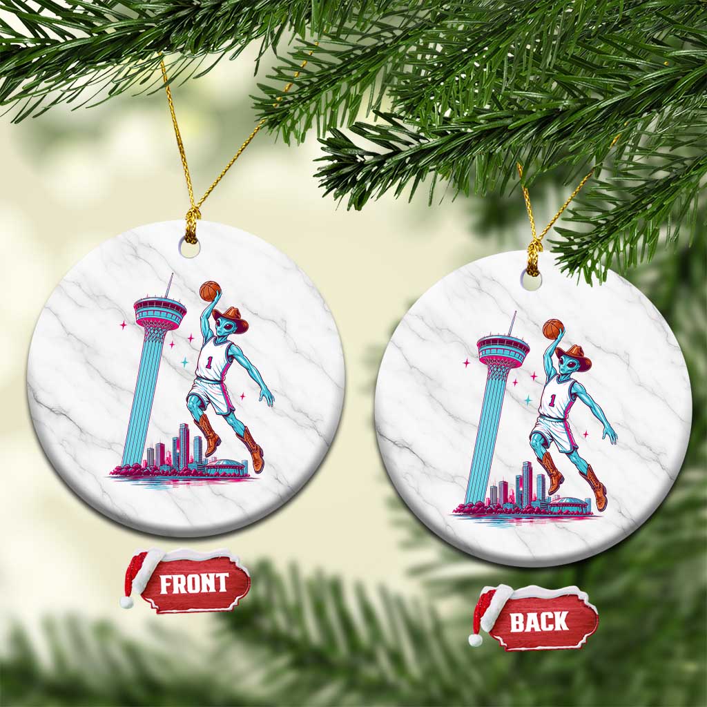 Funny Alien Cowboy Dunking Basketball Ceramic Ornament San Antonio Skyline