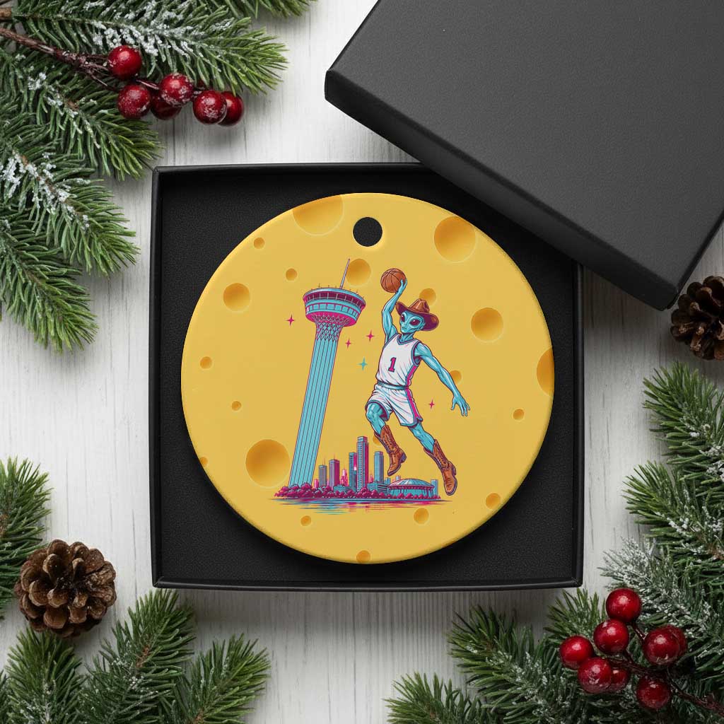 Funny Alien Cowboy Dunking Basketball Ceramic Ornament San Antonio Skyline