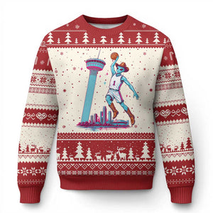 Funny Alien Cowboy Dunking Basketball Ugly Christmas Sweater San Antonio Skyline