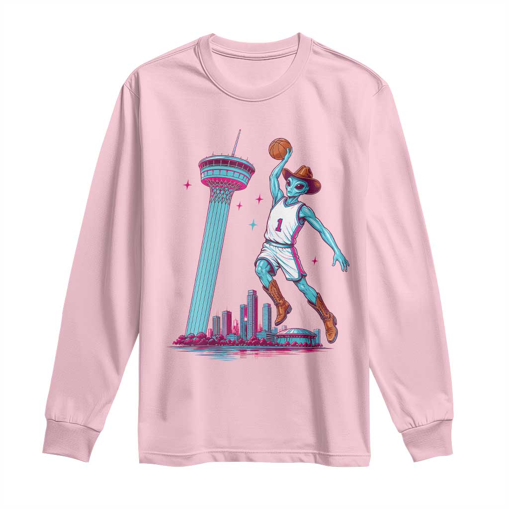 Funny Alien Cowboy Dunking Basketball Long Sleeve Shirt San Antonio Skyline TS12 Light Pink Print Your Wear