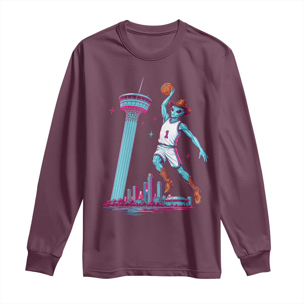Funny Alien Cowboy Dunking Basketball Long Sleeve Shirt San Antonio Skyline TS12 Maroon Print Your Wear