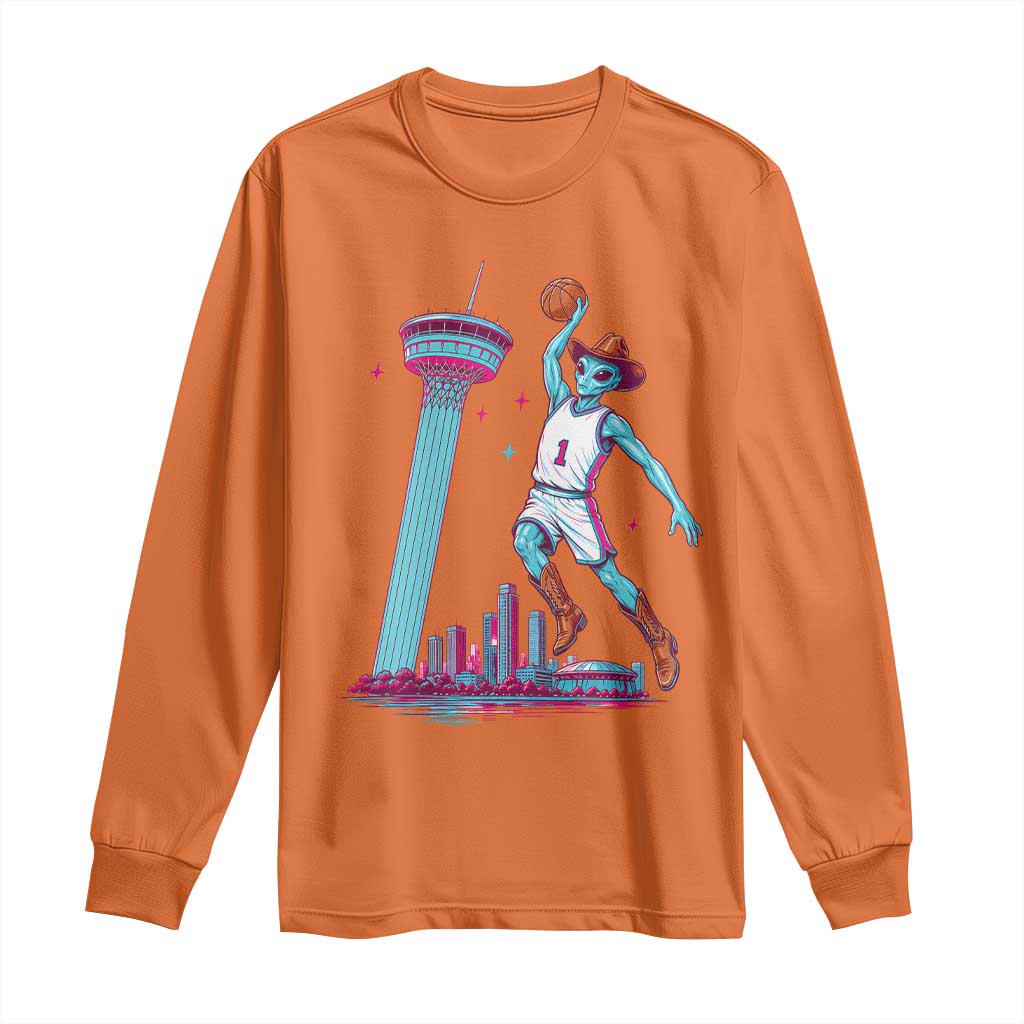 Funny Alien Cowboy Dunking Basketball Long Sleeve Shirt San Antonio Skyline TS12 Orange Print Your Wear