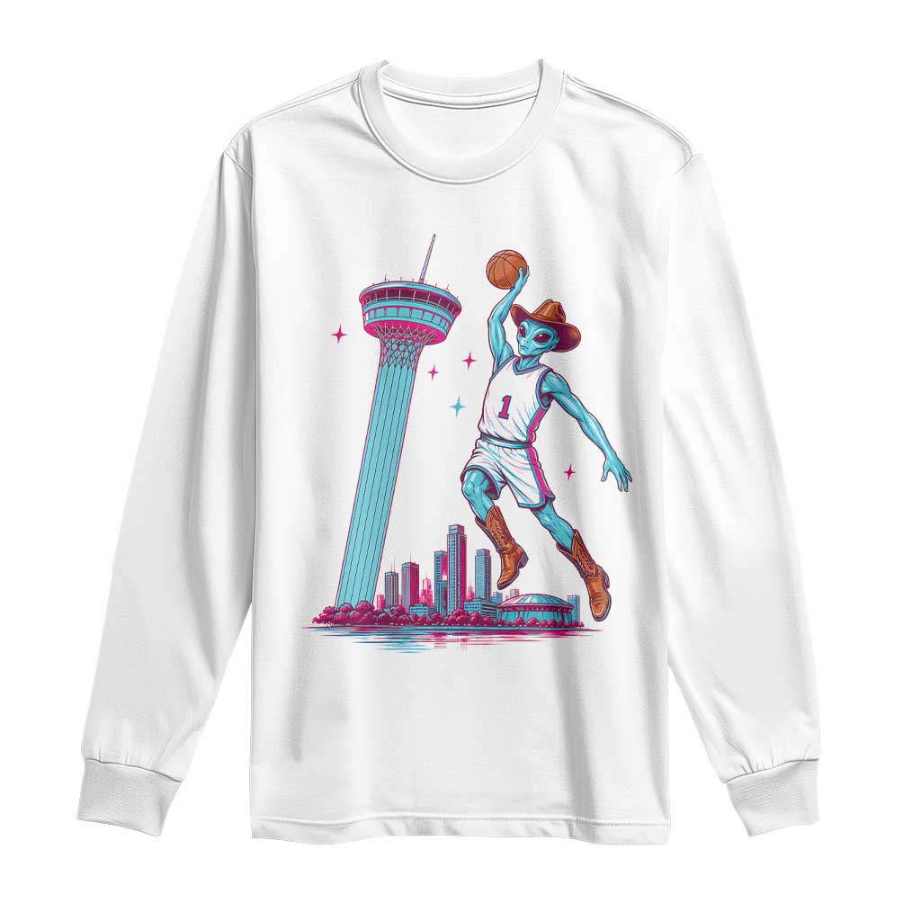 Funny Alien Cowboy Dunking Basketball Long Sleeve Shirt San Antonio Skyline TS12 White Print Your Wear