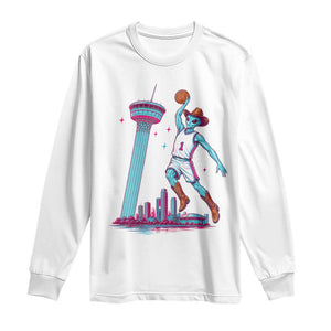 Funny Alien Cowboy Dunking Basketball Long Sleeve Shirt San Antonio Skyline TS12 White Print Your Wear