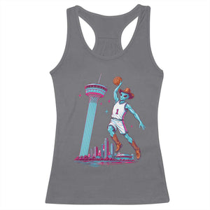Funny Alien Cowboy Dunking Basketball Racerback Tank Top San Antonio Skyline