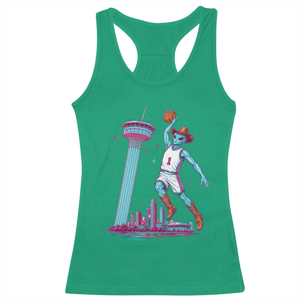 Funny Alien Cowboy Dunking Basketball Racerback Tank Top San Antonio Skyline