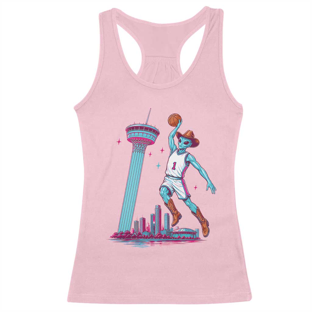 Funny Alien Cowboy Dunking Basketball Racerback Tank Top San Antonio Skyline