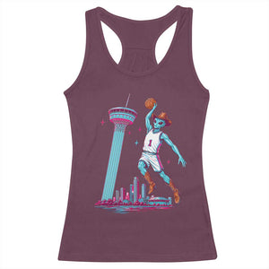 Funny Alien Cowboy Dunking Basketball Racerback Tank Top San Antonio Skyline