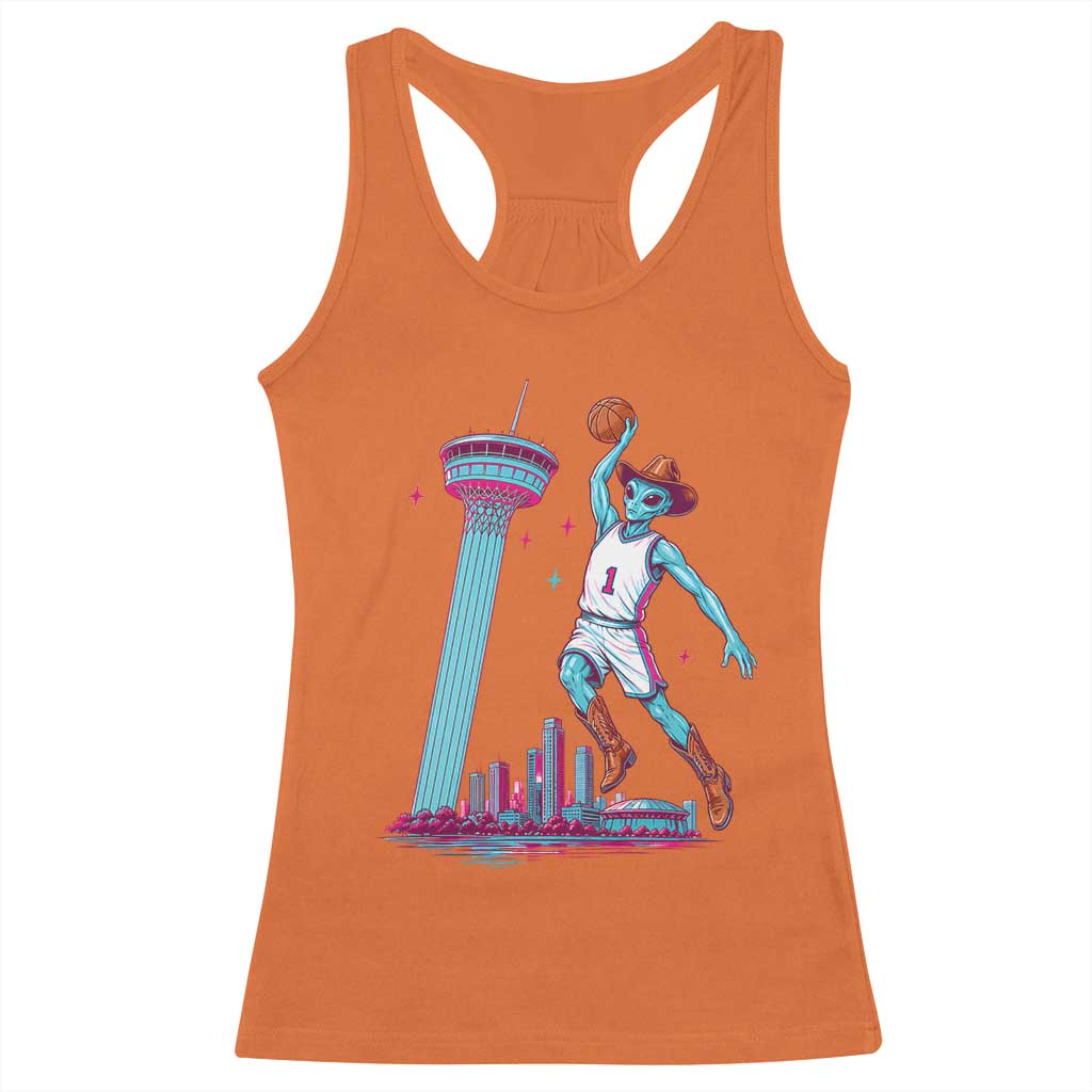 Funny Alien Cowboy Dunking Basketball Racerback Tank Top San Antonio Skyline