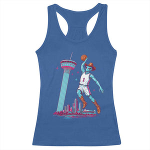 Funny Alien Cowboy Dunking Basketball Racerback Tank Top San Antonio Skyline