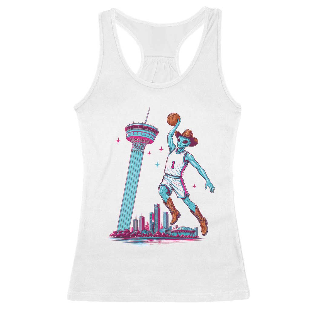 Funny Alien Cowboy Dunking Basketball Racerback Tank Top San Antonio Skyline