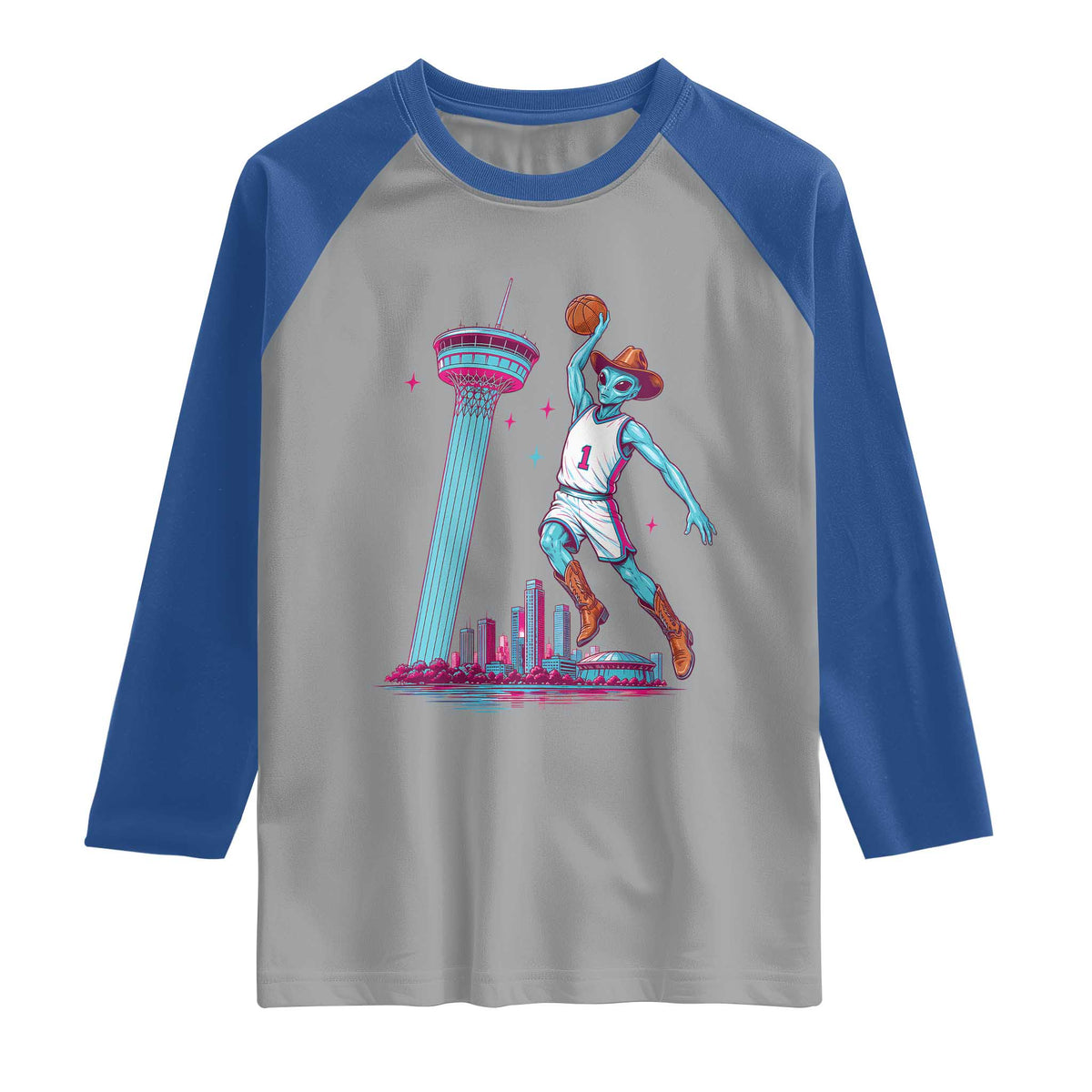 Funny Alien Cowboy Dunking Basketball Raglan Shirt San Antonio Skyline