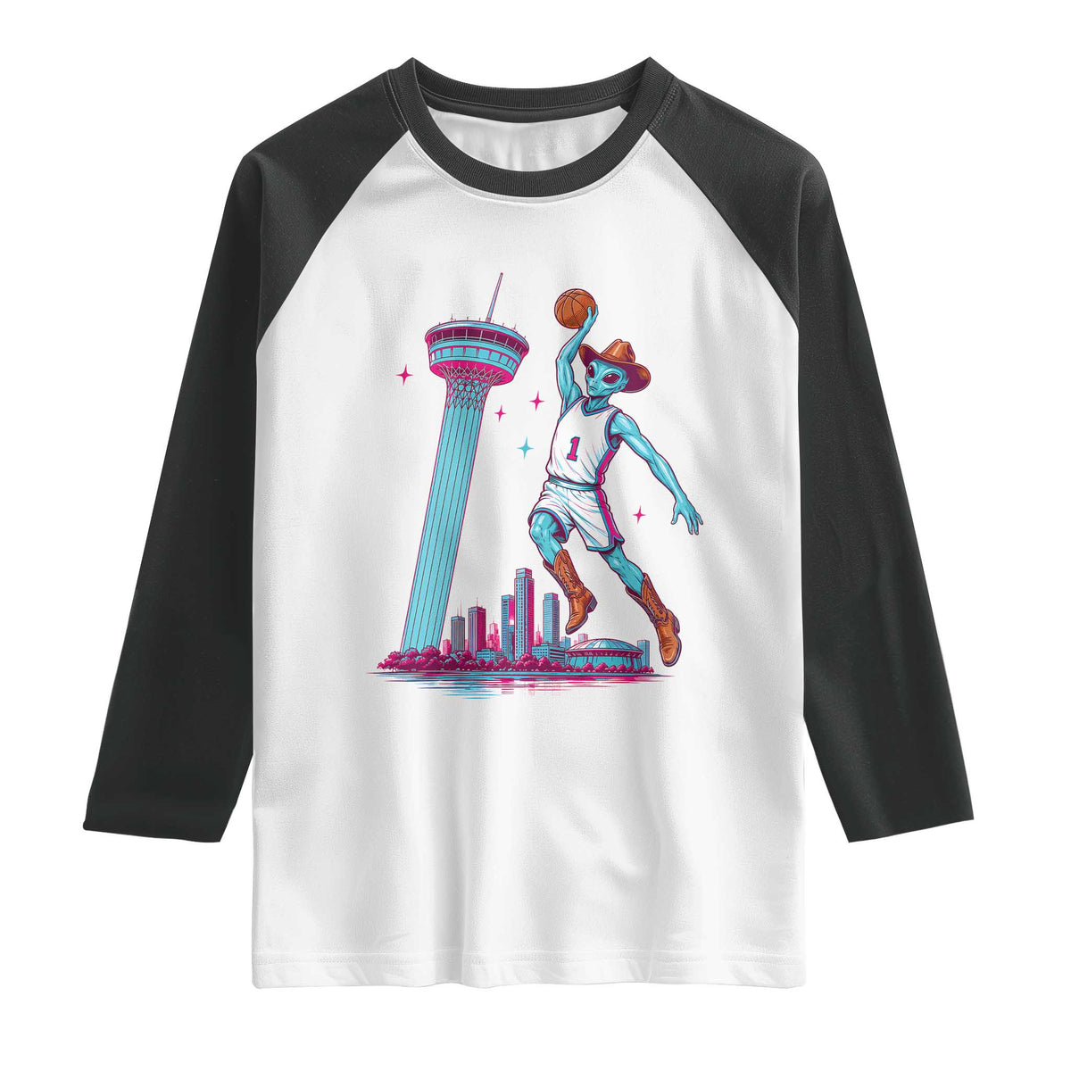 Funny Alien Cowboy Dunking Basketball Raglan Shirt San Antonio Skyline