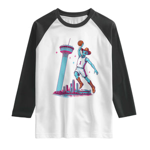 Funny Alien Cowboy Dunking Basketball Raglan Shirt San Antonio Skyline