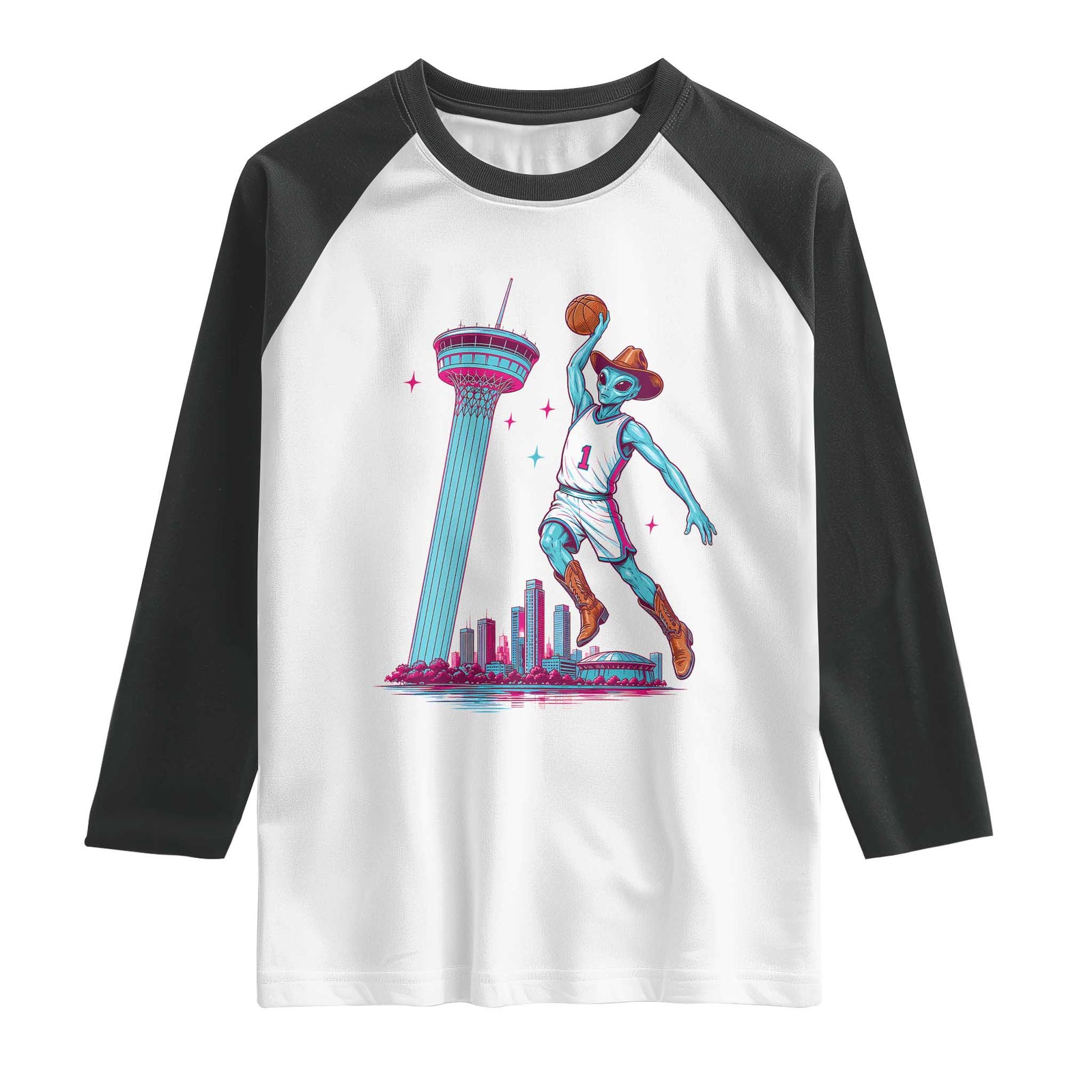 Funny Alien Cowboy Dunking Basketball Raglan Shirt San Antonio Skyline TS12 White Black Print Your Wear
