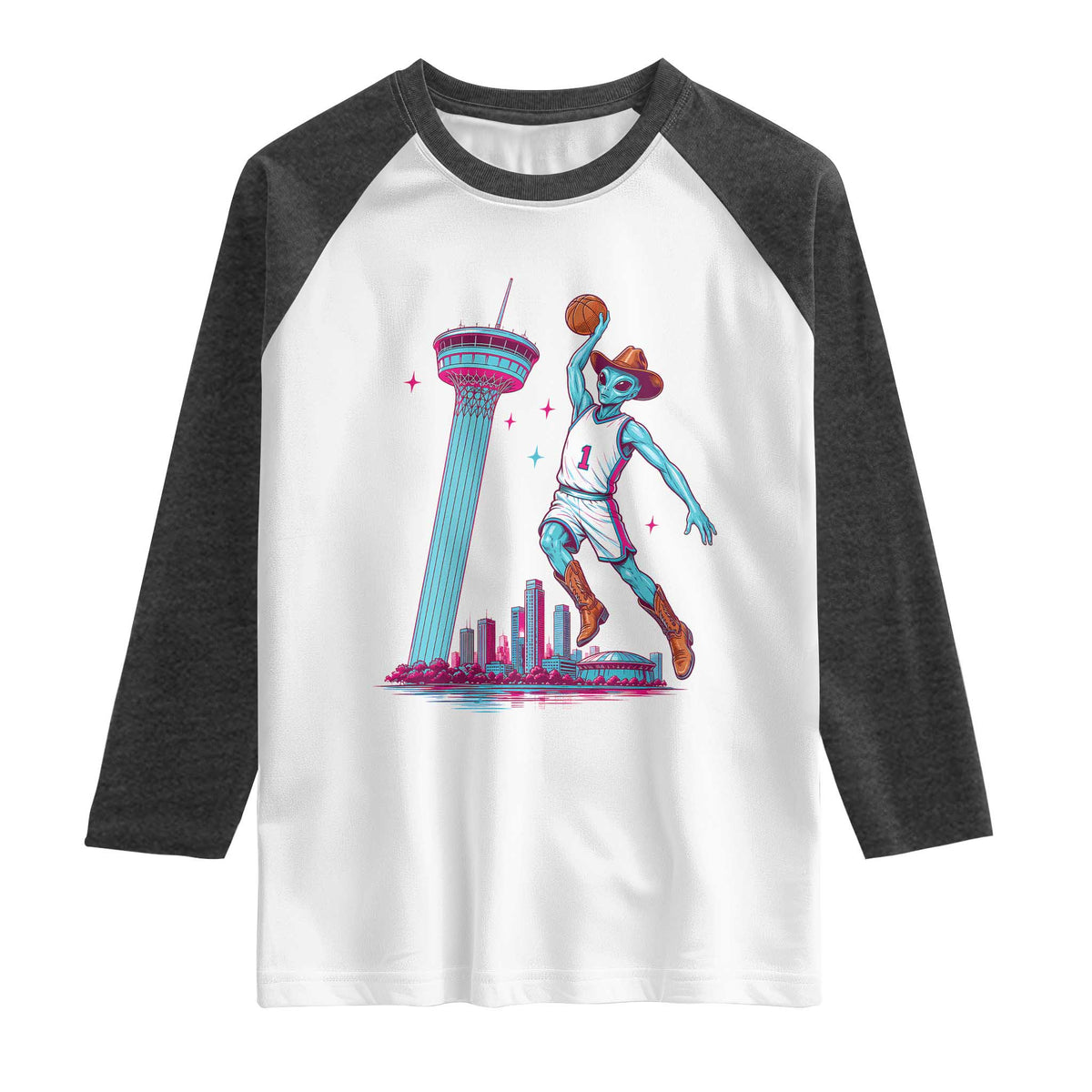Funny Alien Cowboy Dunking Basketball Raglan Shirt San Antonio Skyline