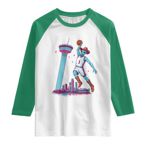 Funny Alien Cowboy Dunking Basketball Raglan Shirt San Antonio Skyline