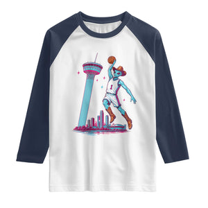 Funny Alien Cowboy Dunking Basketball Raglan Shirt San Antonio Skyline