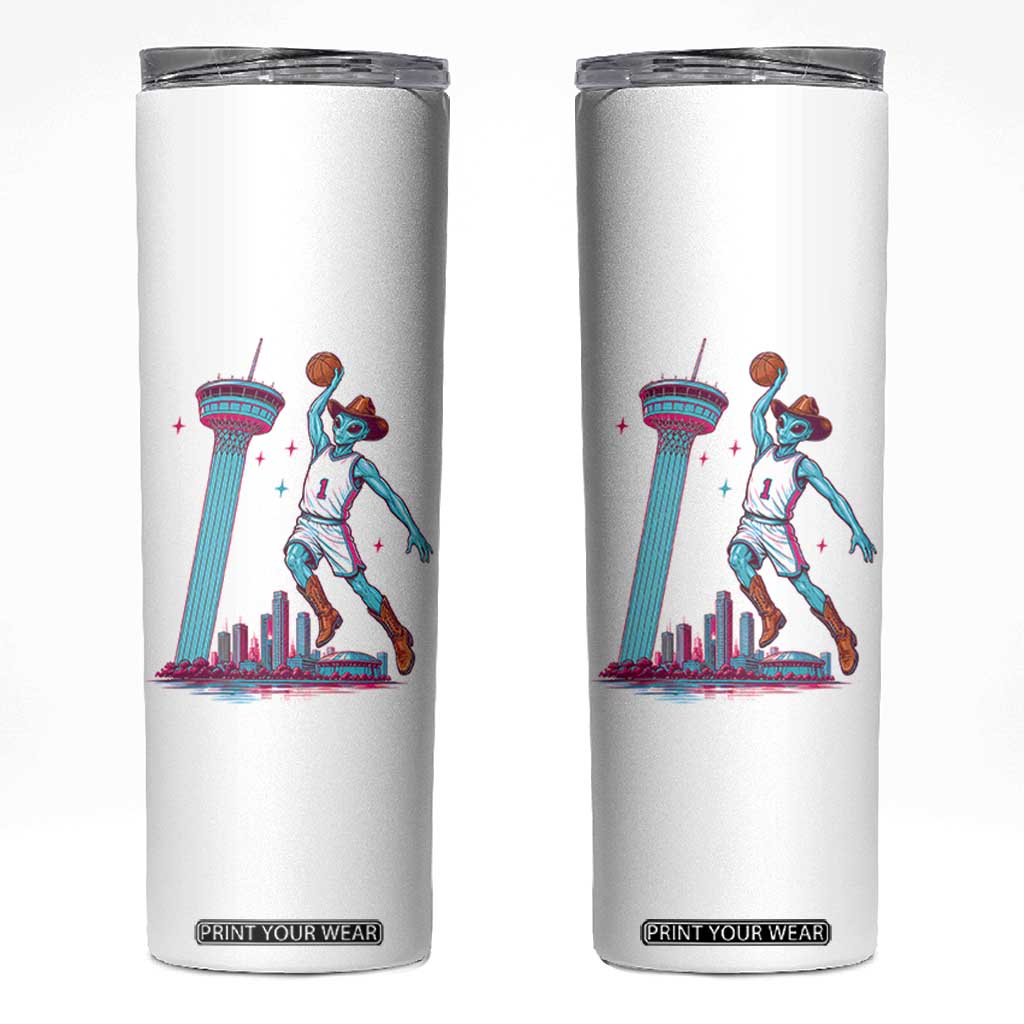 Funny Alien Cowboy Dunking Basketball Skinny Tumbler San Antonio Skyline