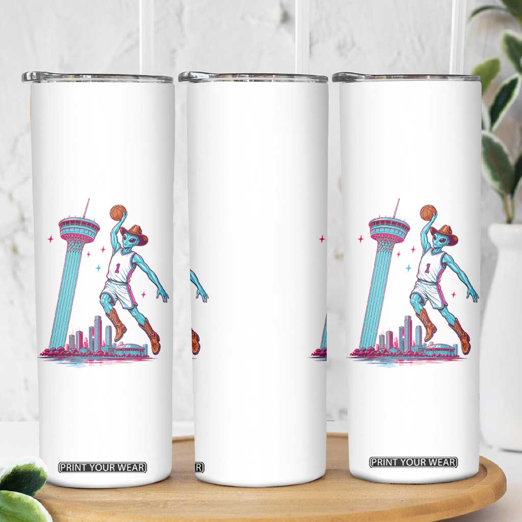 Funny Alien Cowboy Dunking Basketball Skinny Tumbler San Antonio Skyline