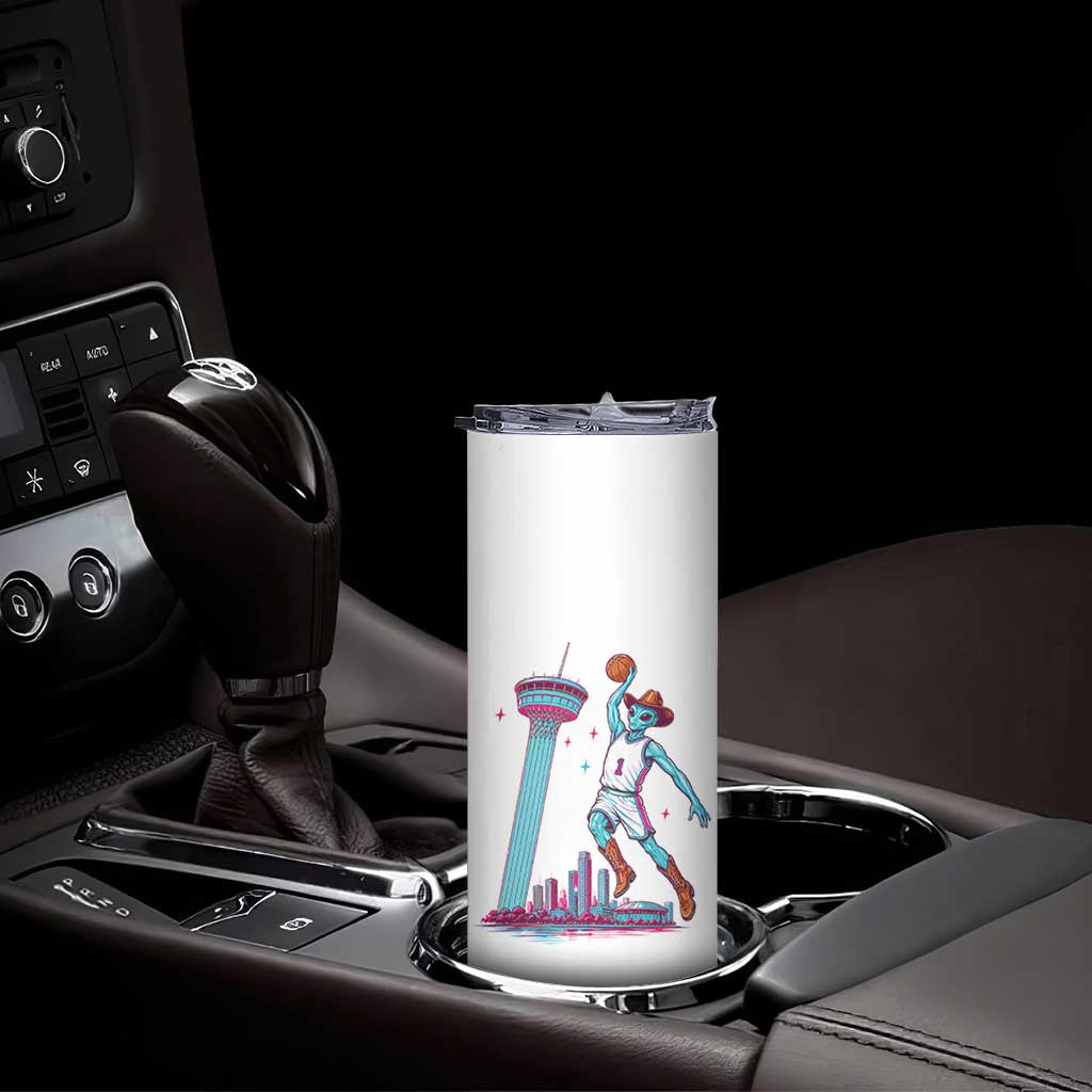 Funny Alien Cowboy Dunking Basketball Skinny Tumbler San Antonio Skyline