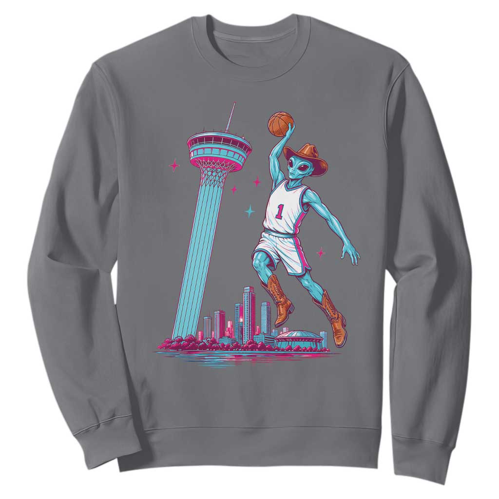 Funny Alien Cowboy Dunking Basketball Sweatshirt San Antonio Skyline
